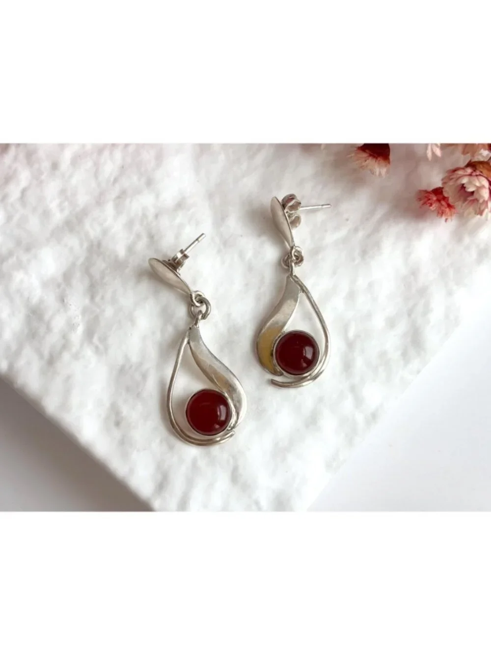 Carnelian Stone Midcentury Modern Stylized Vintage Sterling Silver 925 Earrings